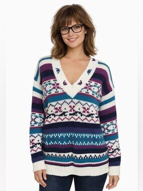 Vintage 80s AJ Brandon Fair Isle Sweater Medium Cozy Nordic V Neck Knit